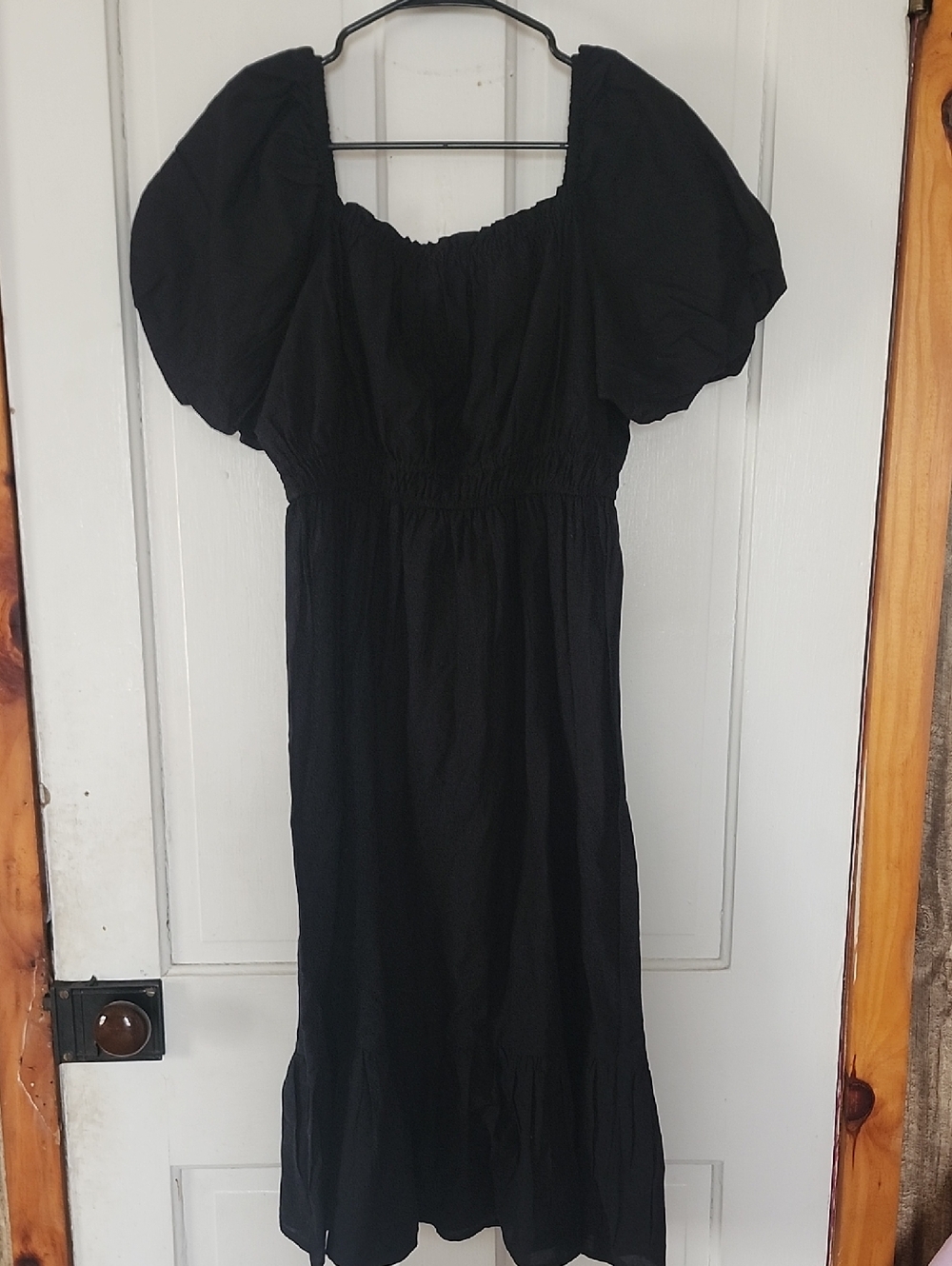 Black Puff Sleeve Smocked Midi Dress